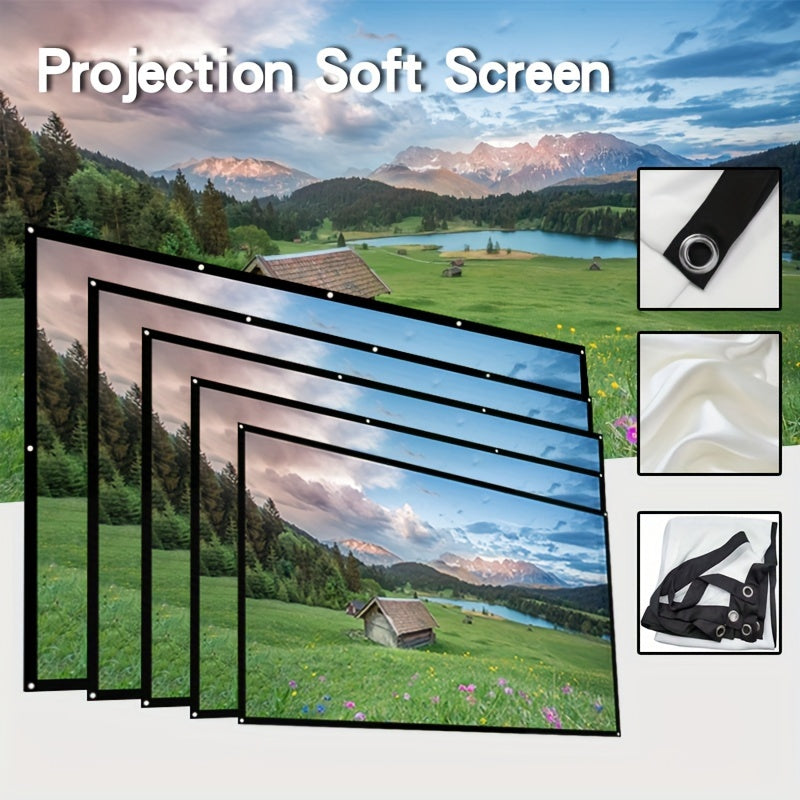 Portable 4K HD foldable projector screen for indoor and outdoor use with anti-wrinkle material. Dual-sided viewing with 16:9 aspect ratio, available in sizes ranging from 152.4cm to 3.81