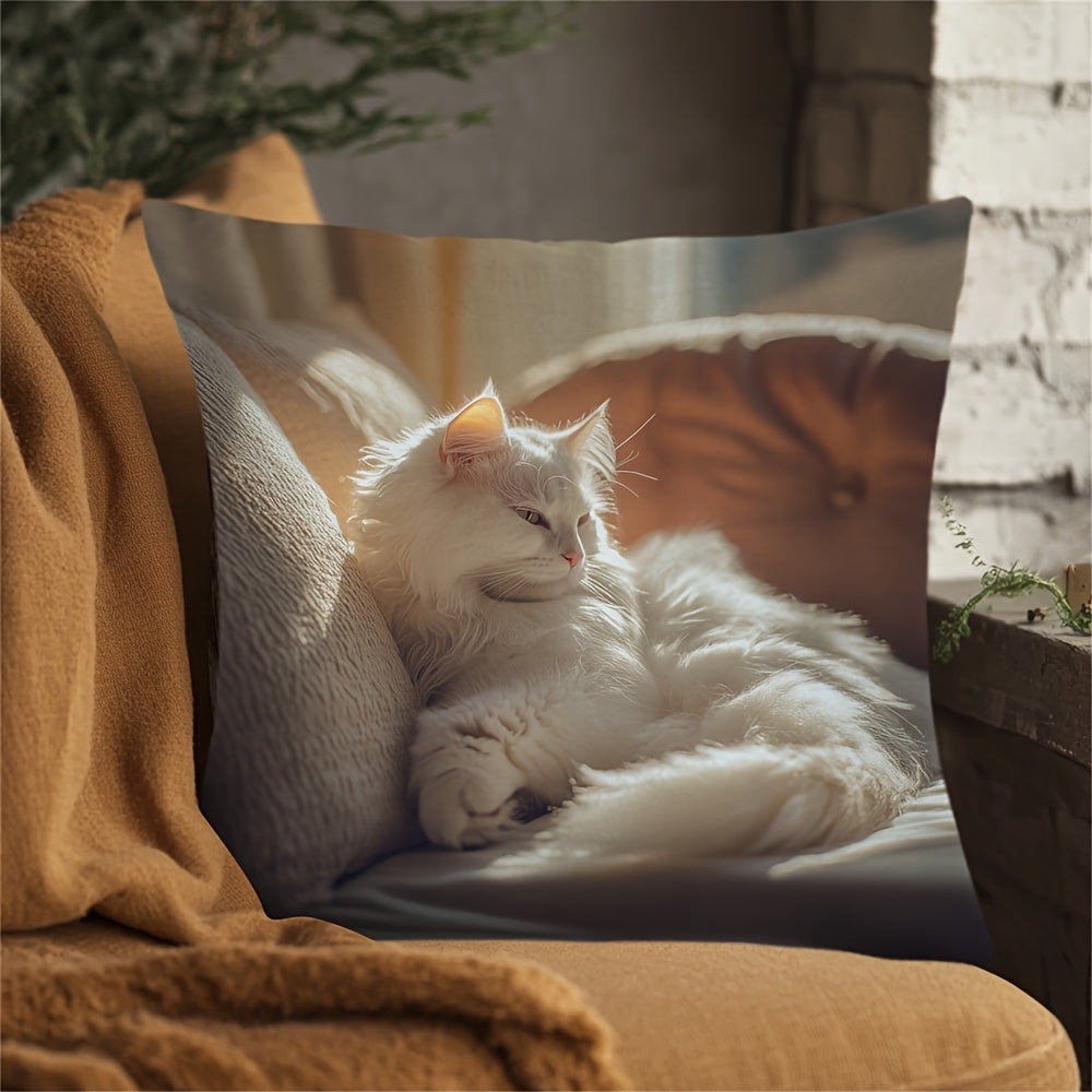 Soft White Cat Print Cushion Cover - Reversible Design, Ideal for Farmhouse Style and Festive Gatherings, Easy to Clean Polyester Pillowcase for Home and Workspaces (Pillow not included)