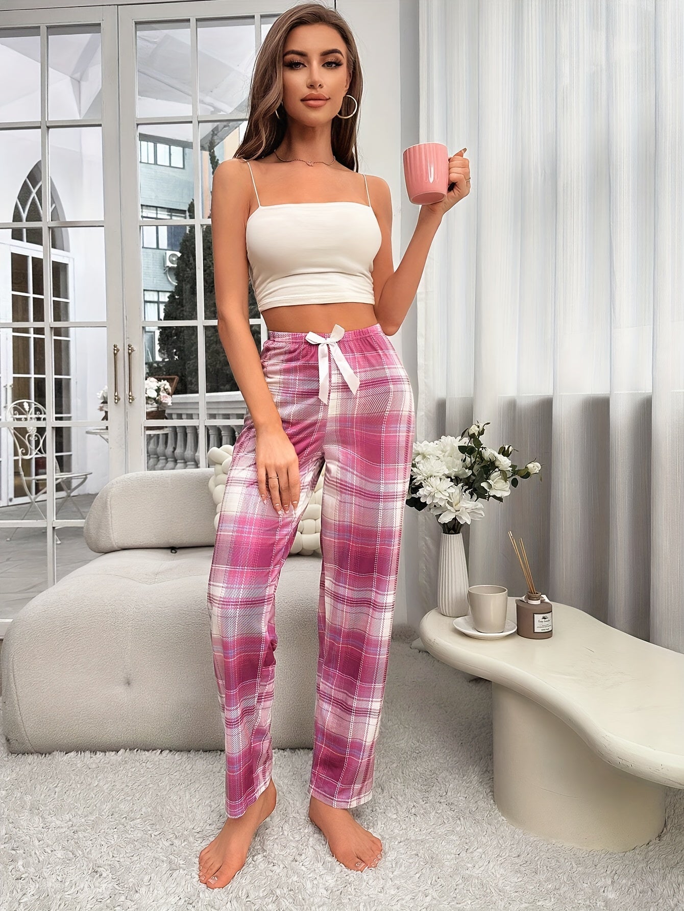 Womens' Plaid Bow Elastic Pajama Pants, Casual Style, Soft Autumn Sleepwear Bottoms