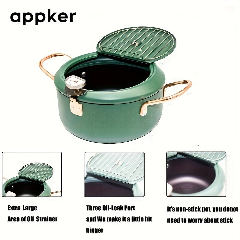 Japanese tempura fryer for easy frying, featuring a Fahrenheit thermometer and non-stick carbon steel construction. Ideal for tempura, chicken, fish, and shrimp. This large green pan is easy to clean and comes with a lid and oil drip drain rack. Perfect