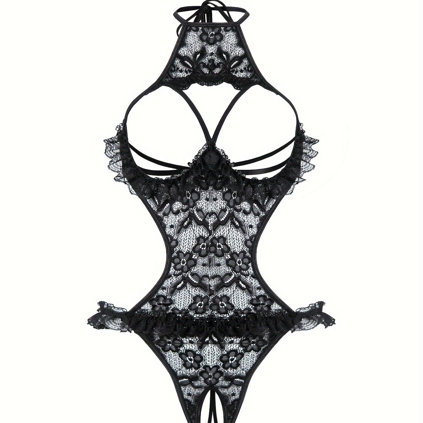 Stylish lace bodysuit for women with asymmetrical design and knit fabric detailing. Perfect for intimate wear.