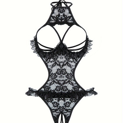 Stylish lace bodysuit for women with asymmetrical design and knit fabric detailing. Perfect for intimate wear.