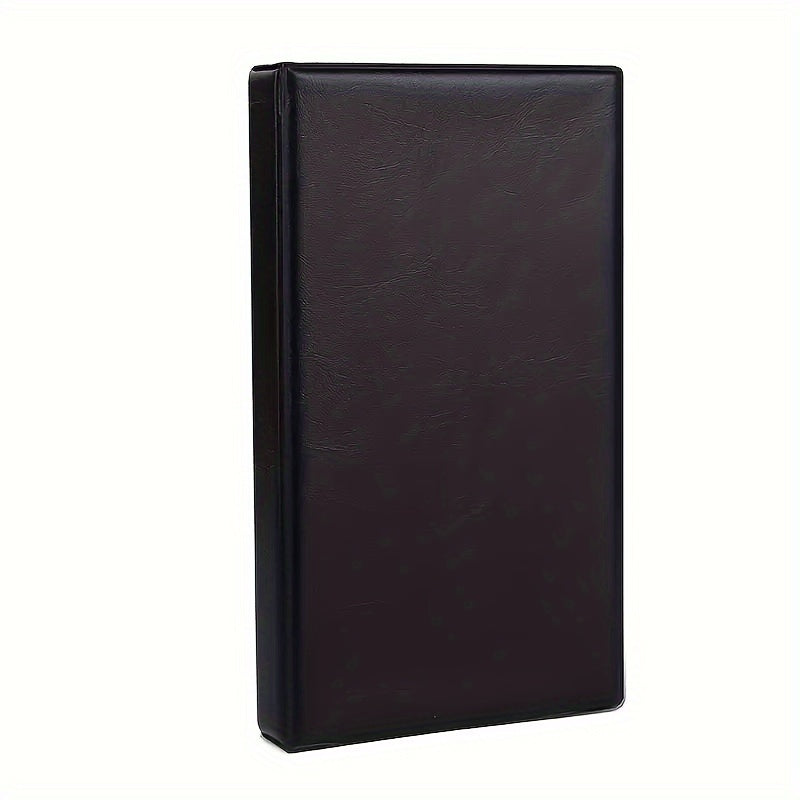 Professional black and white business card holder made of durable PVC material with multiple slots for cards.