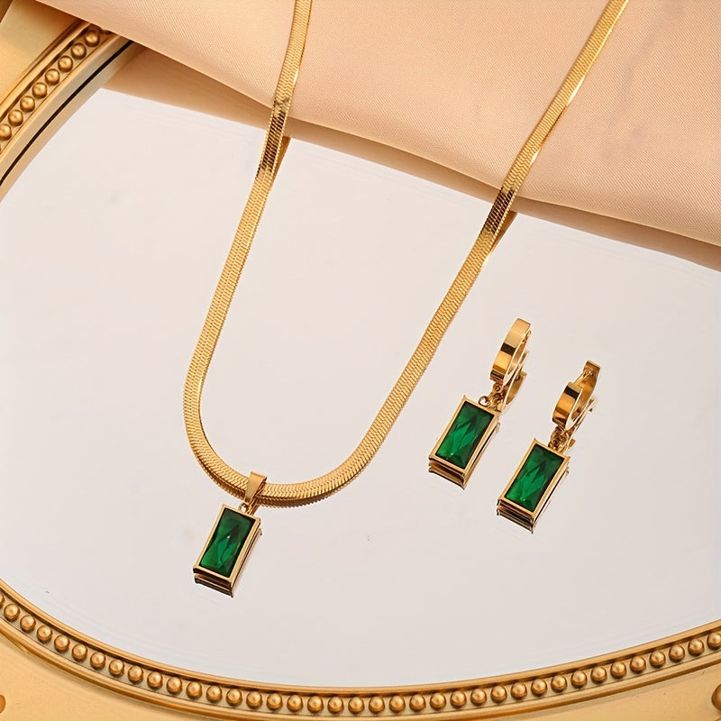 Chic Bohemian 3-Piece Jewelry Set: Gold Plated Stainless Steel with Green Synthetic Zirconia Pendant and Earrings - Stylish Option for Everyday Wear or Vacation, Safe for Sensitive Skin