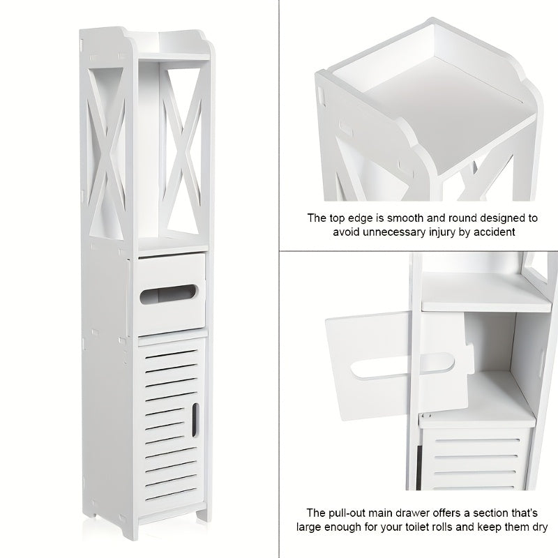 White bathroom storage cabinet with doors and shelves, freestanding toilet furniture with paper holder.