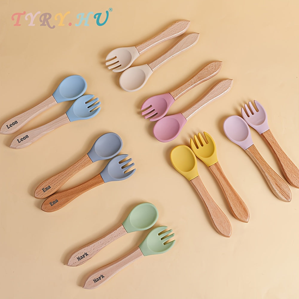 Set of baby fork and spork made from bamboo and silicone, perfect for toddler self-feeding. Ideal for baby-led weaning and makes a great gift for newborns or special occasions like Christmas, Thanksgiving, and Chinese New Year.