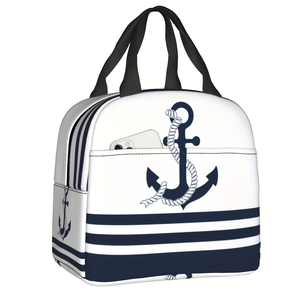 Stay stylish and organized with our Nautical Blue Anchors Insulated Lunch Bag. This durable and waterproof Oxford cooler tote features classic blue and white stripes, making it perfect for back-to-school or outdoor picnics. With a large capacity, this