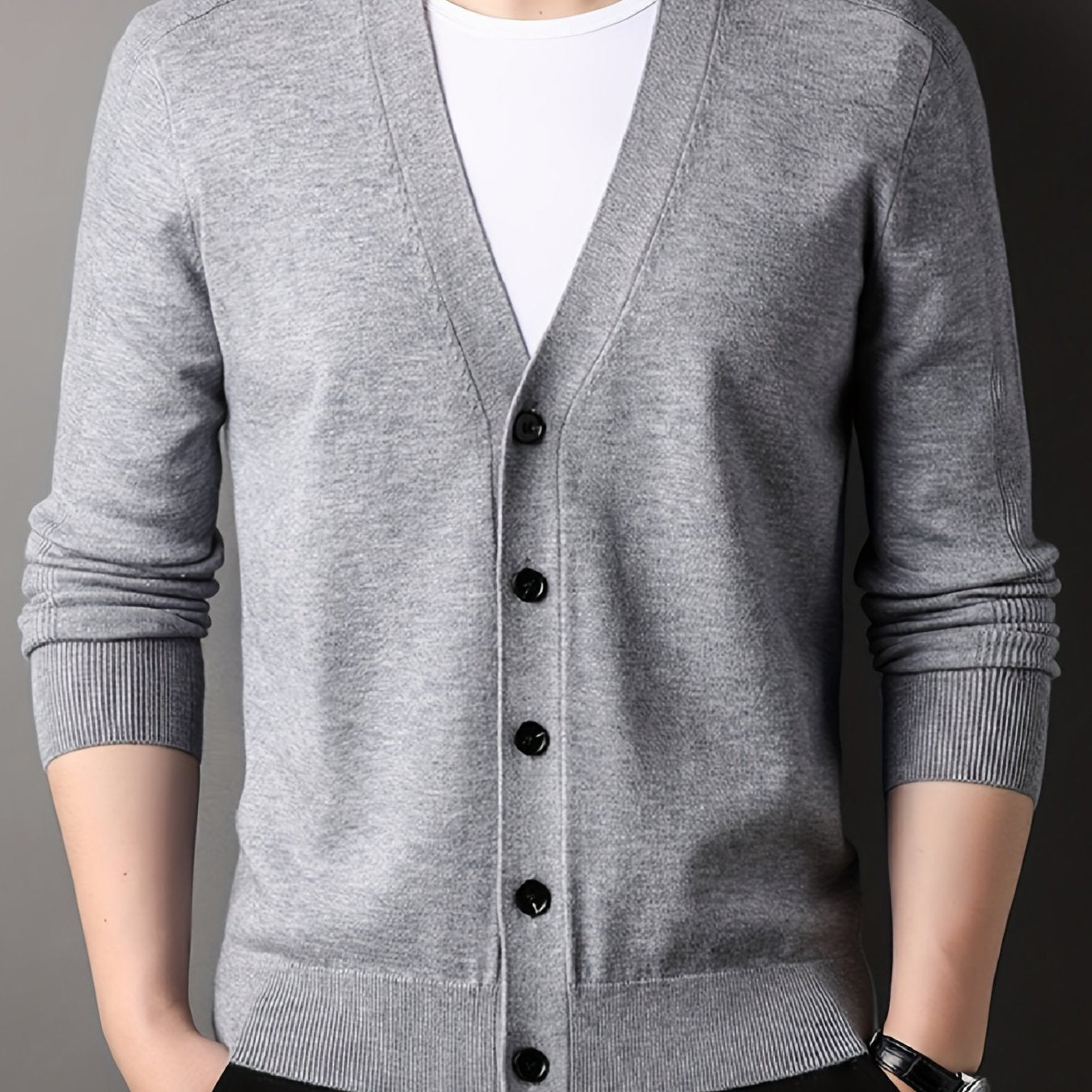 Men's plus size V-Neck cardigan made of viscose blend knit with rib-knit details, long sleeves, and button placket. Perfect for spring/fall, semiformal occasions. Stylish, ribbed edges.