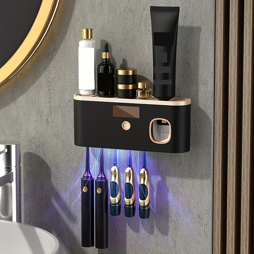 Wall-mounted toothbrush holder with USB charging, long battery life, smart UV technology, and storage rack for home use (RA-903) - no holes needed.