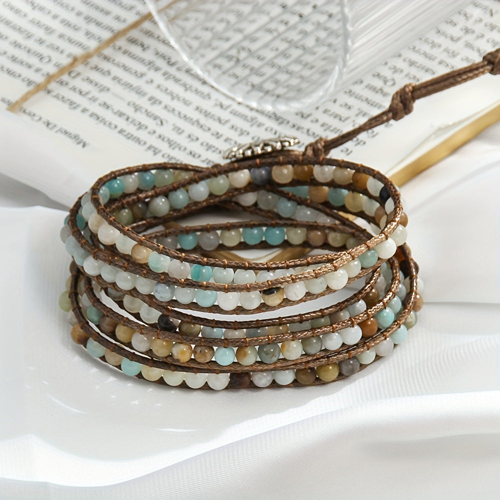 Women's Bracelet with a Bohemian Style, Waxed Cord Braid and Adjustable 5 Rows Wrap