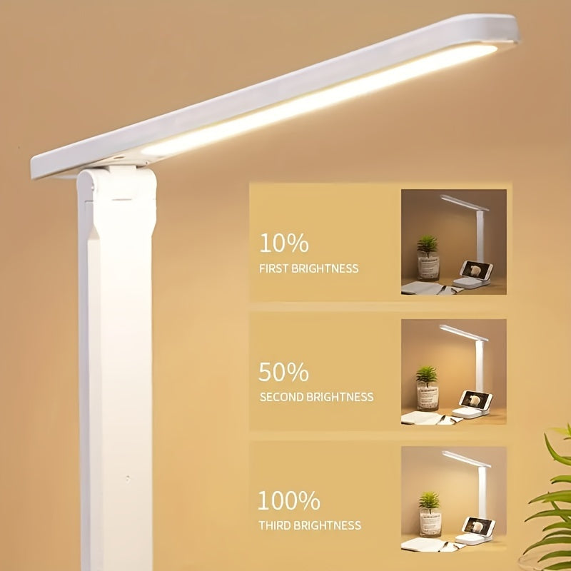 LED desk lamp with touch control for brightness adjustment, USB powered, ideal for reading and bedside.