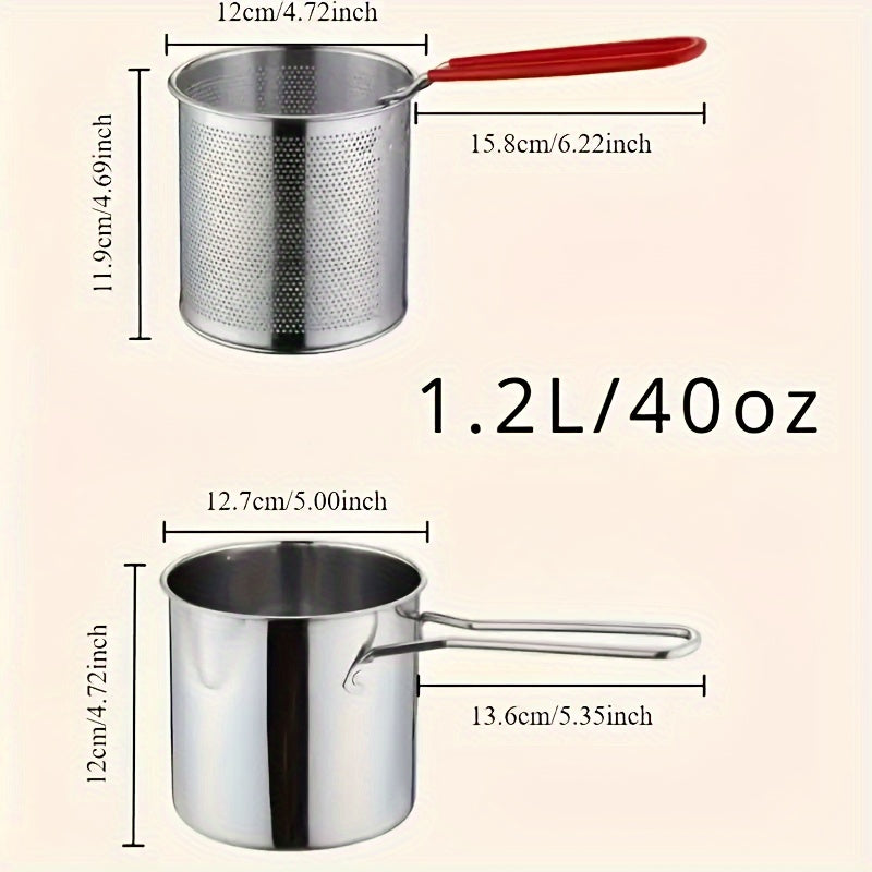 1.2L stainless-steel deep fryer pot with strainer basket and long handle.