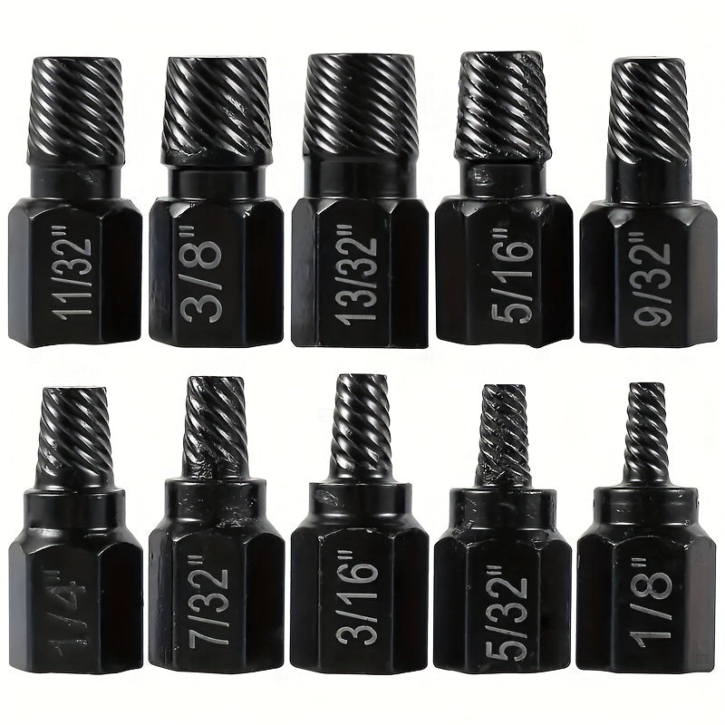 10-piece screw extractor set for damaged screws, bolts, and studs, made of alloy steel.