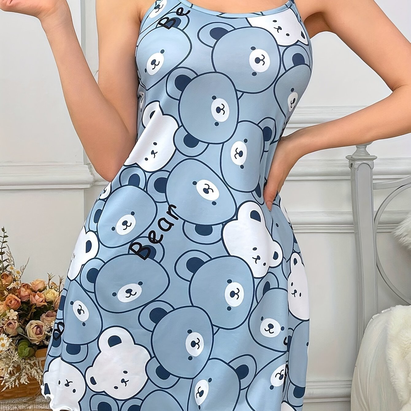 Bear-print nightgown with lettuce trim and backless design, perfect for casual sleepwear.