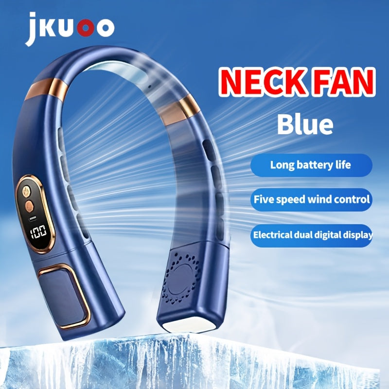 Portable Neck Fan with LED Display - 5-Speed, USB Rechargeable, High-Speed Wearable Fan for Outdoor Activities, Office, and Night Cycling, featuring a Polished Plastic Finish, Button Control, suitable for Indoor & Outdoor Use