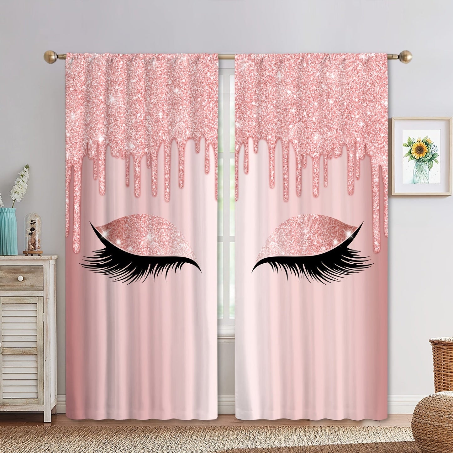 Set of two Eyelash Printed Curtains, Rod Pocket Window Treatments ideal for Bedroom, Office, Kitchen, Living Room, Study, and Home Decor. Enhance your room with stylish and aesthetic decorative curtains.