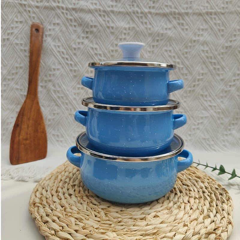 This set includes three mini enamel pots in sizes of 12cm, 14cm, and 16cm, perfect for home use in the kitchen. They are suitable for gas and electric stoves, making them versatile for any cooking needs. This set makes a great holiday gift and is perfect