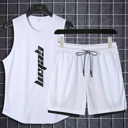 Men's 2-piece outfit with letter print tank top and loose basketball shorts.