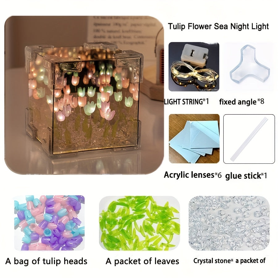 One DIY Tulip Nightlight with 20 LEDs and flowers. Perfect gift for girlfriends, family, classmates, and friends. Can be given as a Mother's Day or birthday gift.