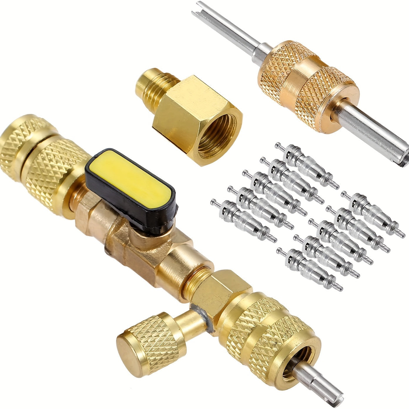 Set of Brass Valve Core Removal Tools with 10 Spare Cores, Dual-Head Design for Easy Installation, Non-Electrical, Anti-Slip Grip, Long-lasting for HVAC, Air Conditioning, and Automotive Care