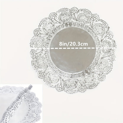 Pack of 100 Silver Lace Round Paper Doilies - Disposable Machine-Made Decorative Mats for Desserts, Fried Foods, Wedding Tables, Christmas Cakes, and Packaging.