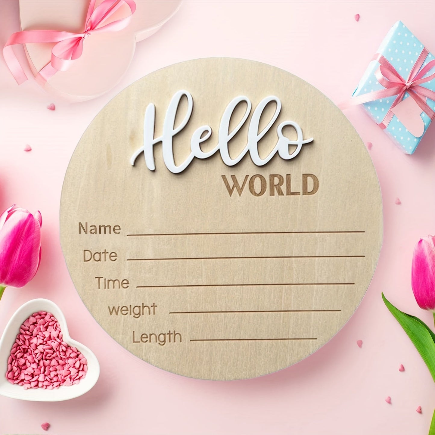 Introducing the "Hello World" 3D Engraved Wooden Birth Announcement Sign! This beautifully crafted plaque is perfect for photography props, an ideal shower gift, and a wonderful way to capture all the memorable details of your little one's arrival.