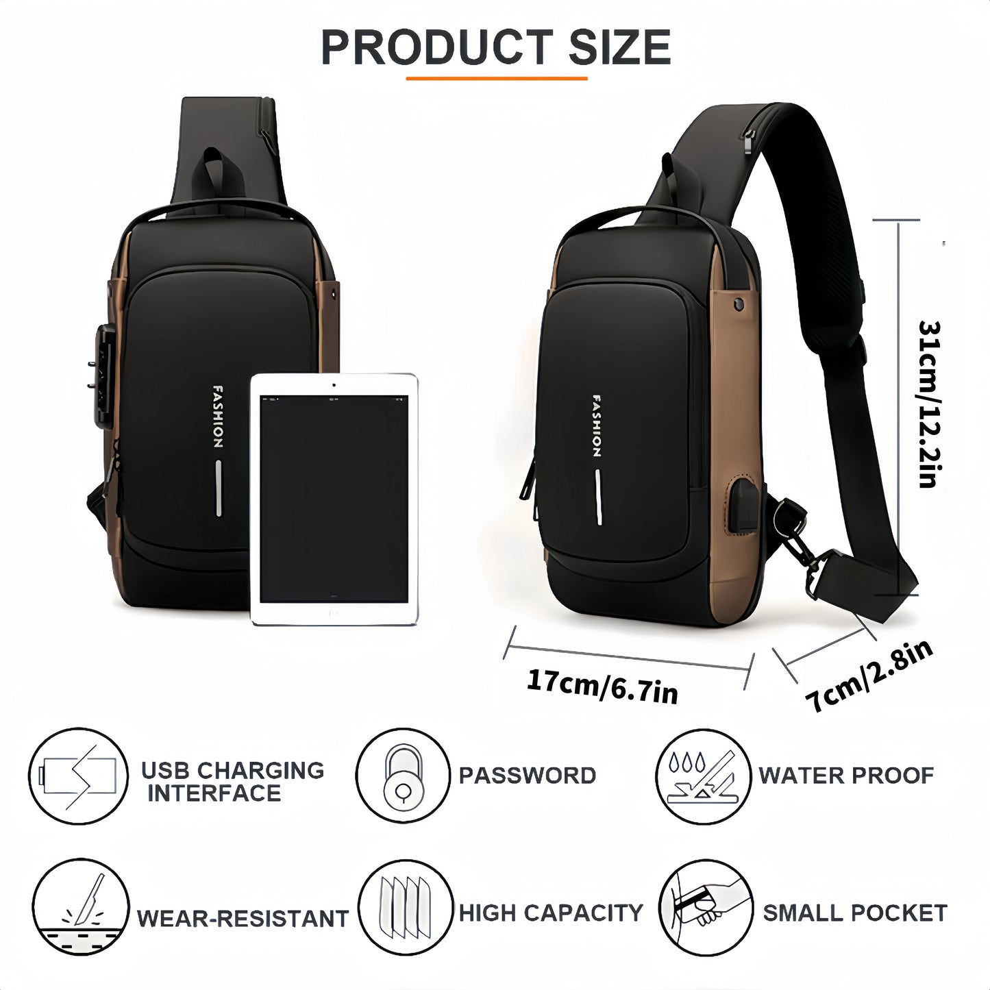 Sling Backpack with USB Port and Adjustable Strap for Hiking and Travel.