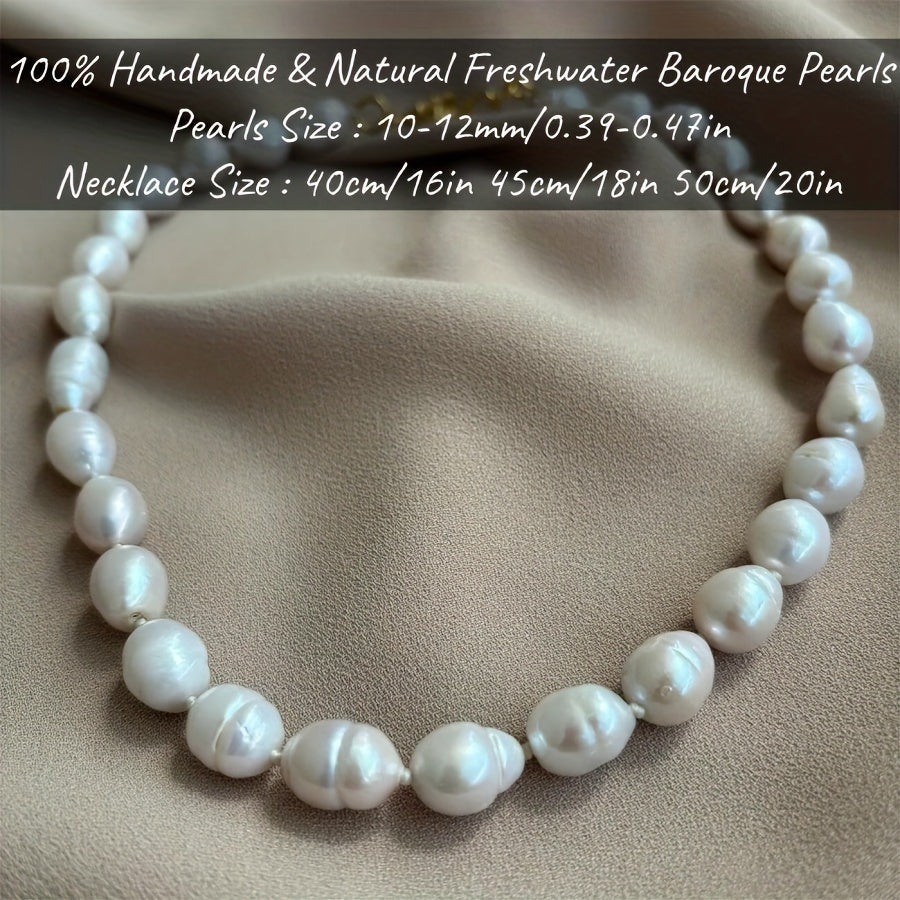 Exquisite handcrafted baroque pearl necklace featuring 10-12mm natural freshwater pearls. This stunning piece of jewelry comes beautifully packaged in a gift box, making it the perfect accessory for both daily wear and special occasions.