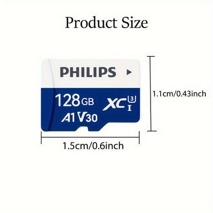 PHILIPS Micro SD card, ideal for 4K recording, monitoring, security cameras, action cameras, and drones. Features 130Mb/s read speed and UHS-I V30 Class 10 compatibility.