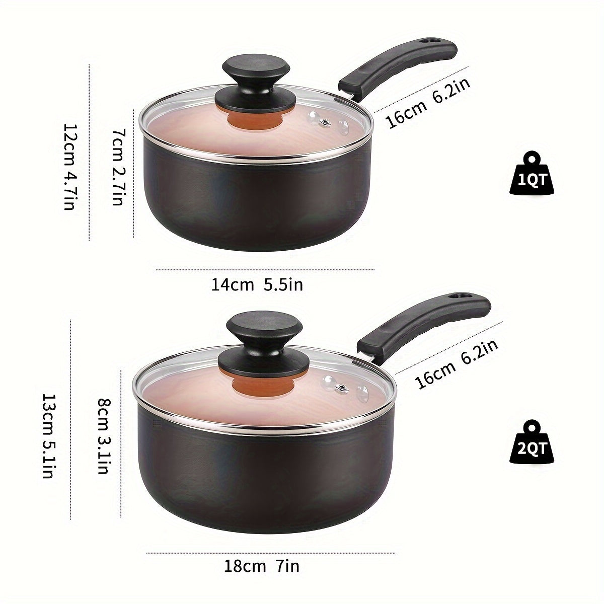 Set of four nonstick sauce pans with lids, includes 1 quart and 2 quart sizes. Features easy clean technology, pour spout, induction compatibility, and PFOA free materials in a stylish golden and black color combination.