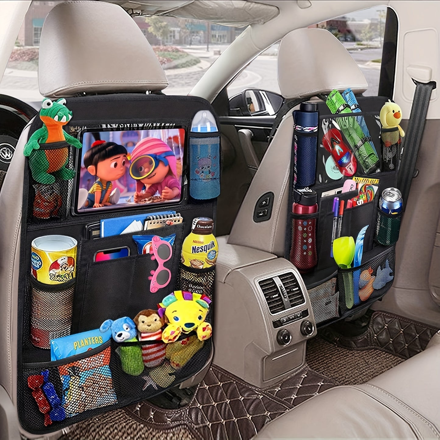 Back seat car organizer made of 600D polyester mesh, waterproof and kick-proof. Featuring toy storage and seat protection.