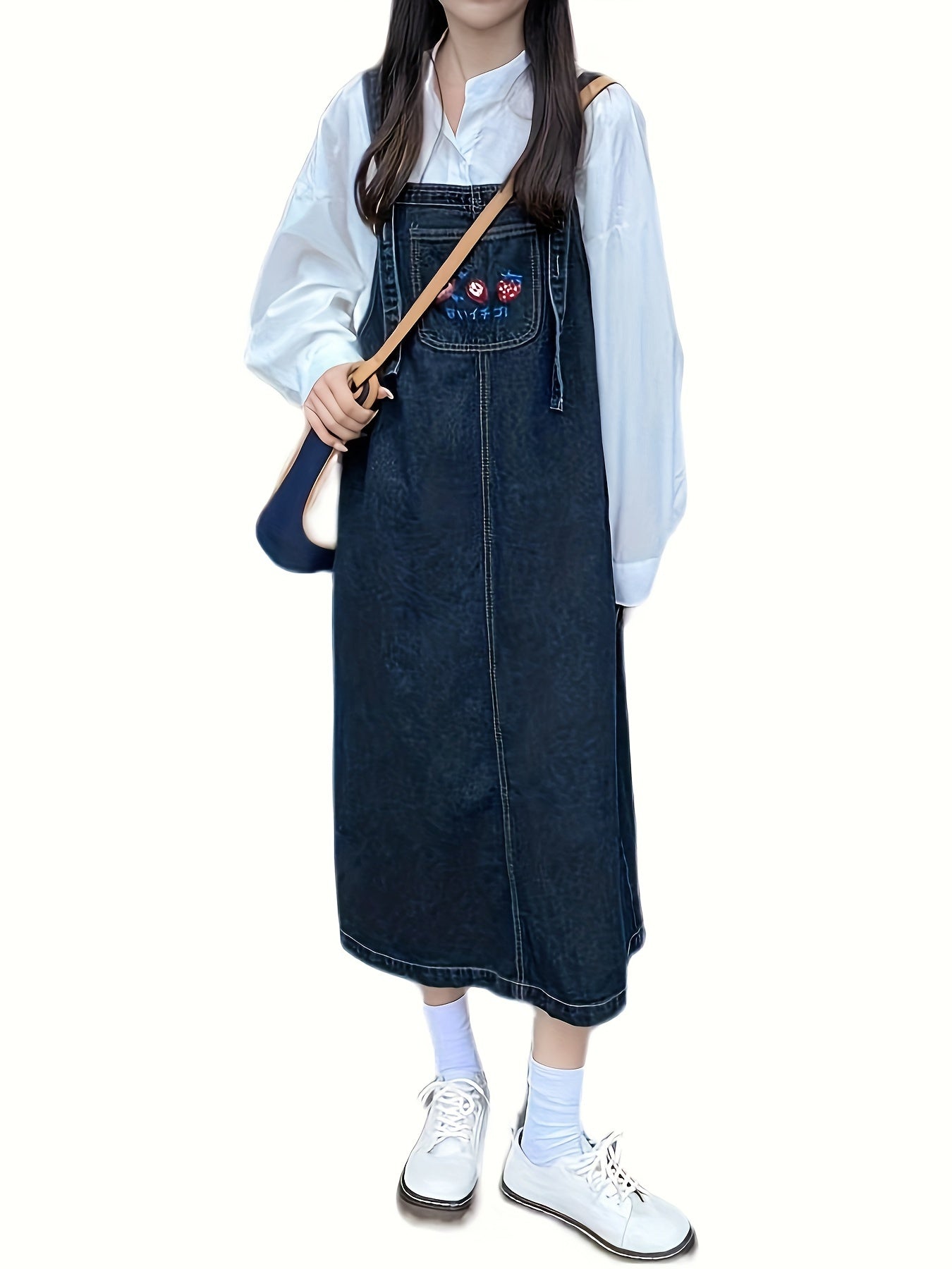 Women's dark washed denim overalls dress with cute strawberry embroidery pocket, loose fit, and casual style.