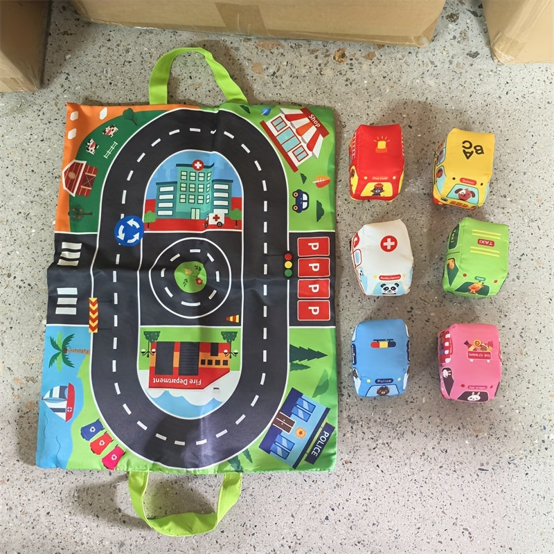 Cloth car toy for toddlers with storage bag, featuring sound paper and transportation-themed design.