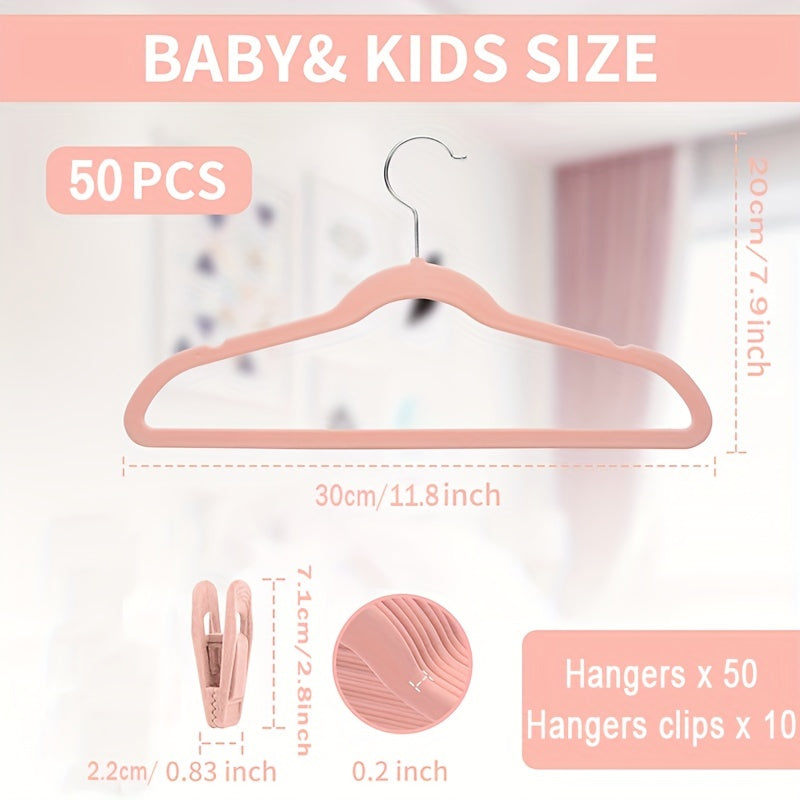 This set includes 50 velvet clothes storage hangers, ideal for drying children's clothes. The durable, anti-slip design ensures secure storage and organization in any household space, from bathrooms to bedrooms, closets to wardrobes, and even dorm rooms.