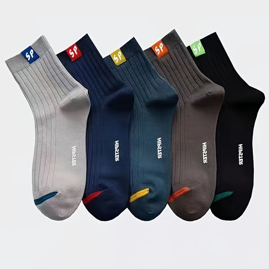 5/10 Pairs Men's Fashion Alphabet Pattern Crew Socks, Breathable Comfortable Casual Unisex Hosiery, Polyester 95%, Spandex 5%, Knit Fabric, Hand Wash/Dry Clean.