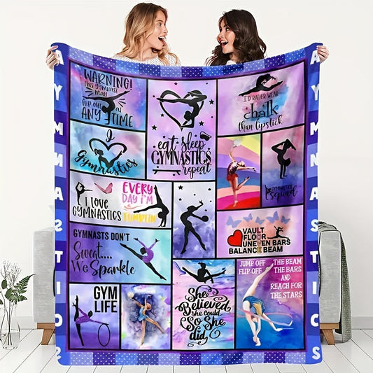 Modern gymnastics-themed flannel throw blanket featuring a girl print - Soft and cozy for casual use, suitable for office, camping, and travel. Perfect gift for all seasons. Easy to clean with machine washable, stain and tear-resistant polyester