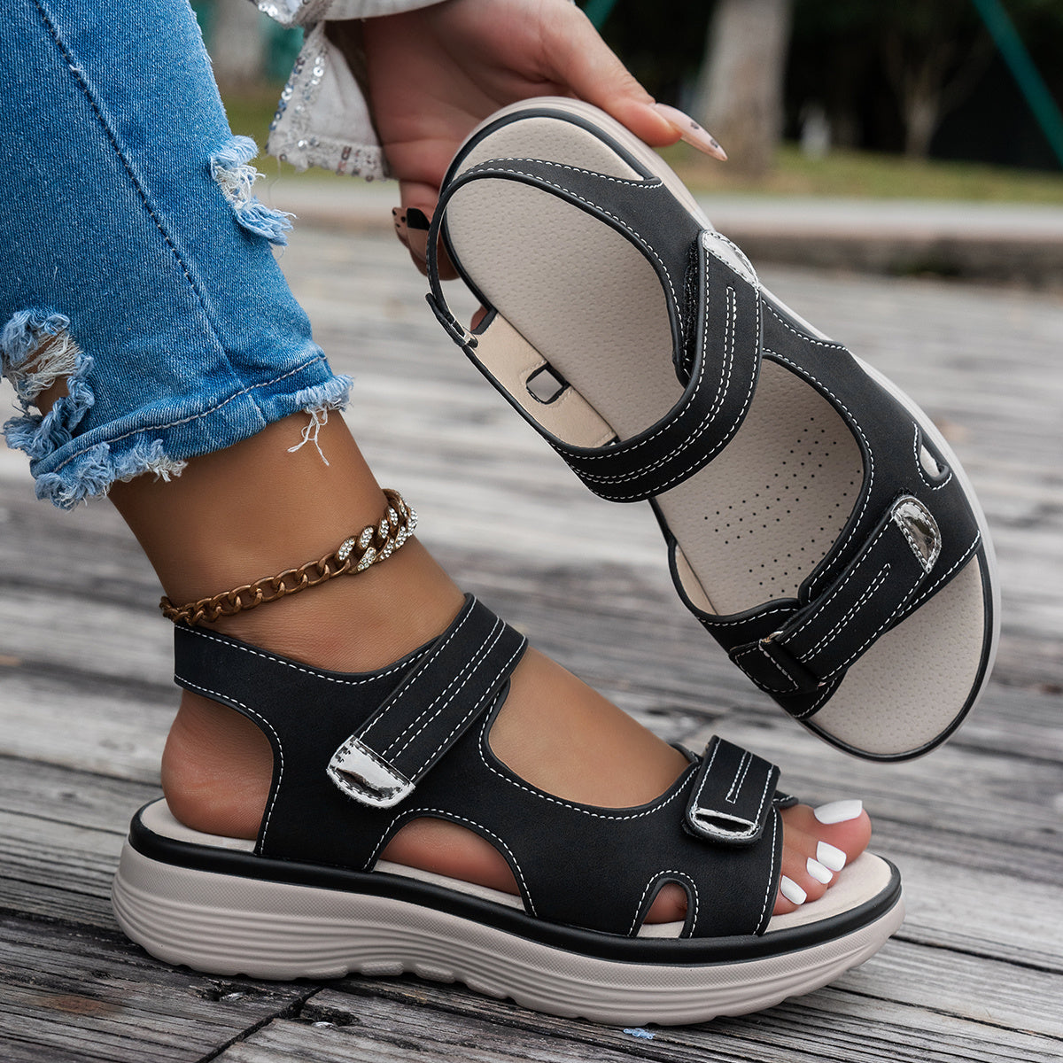 Women's black wedge sandals- breathable PU upper, open toe, ankle strap, hook-and-loop closure, solid color platform heel for beach wear.