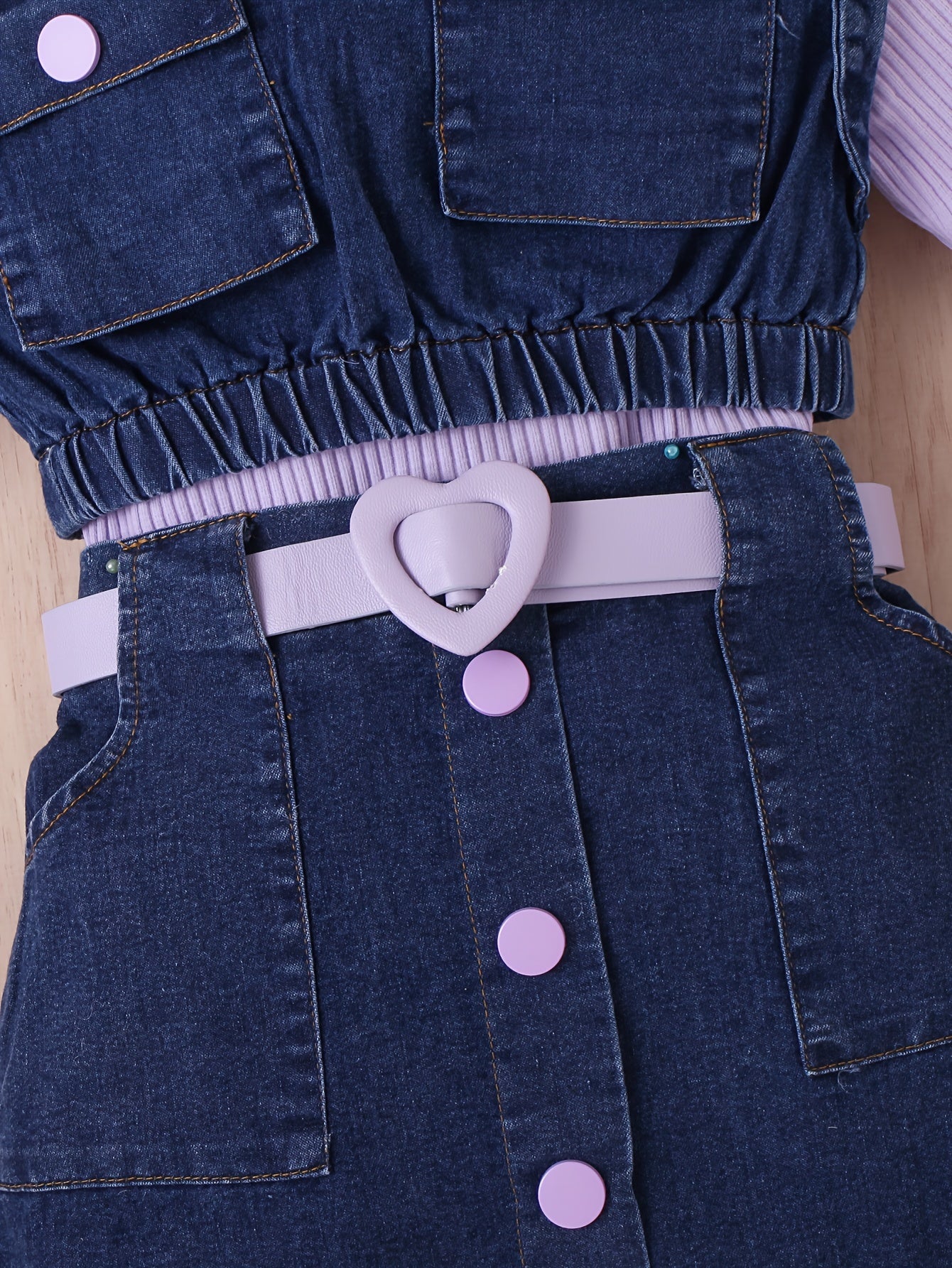 Girls' Fashion Casual Outfit Set: High neck long sleeve top with denim vest, knee-length pleated skirt with belt.