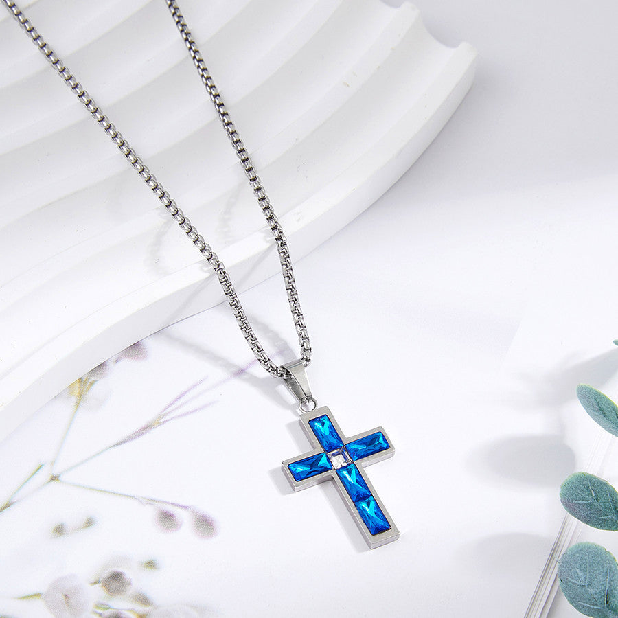 Stylish Blue Love Cross Necklace Suitable for Both Men and Women, Featuring a Glass Pendant. Ideal Gift for Romantic Partners, Friends, and Family Members