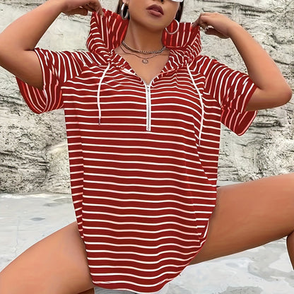 Women's red and white striped hooded T-shirt with zipper, drawstring, and kangaroo pocket. Made of polyester spandex blend knit fabric, relaxed fit for spring/summer collection.