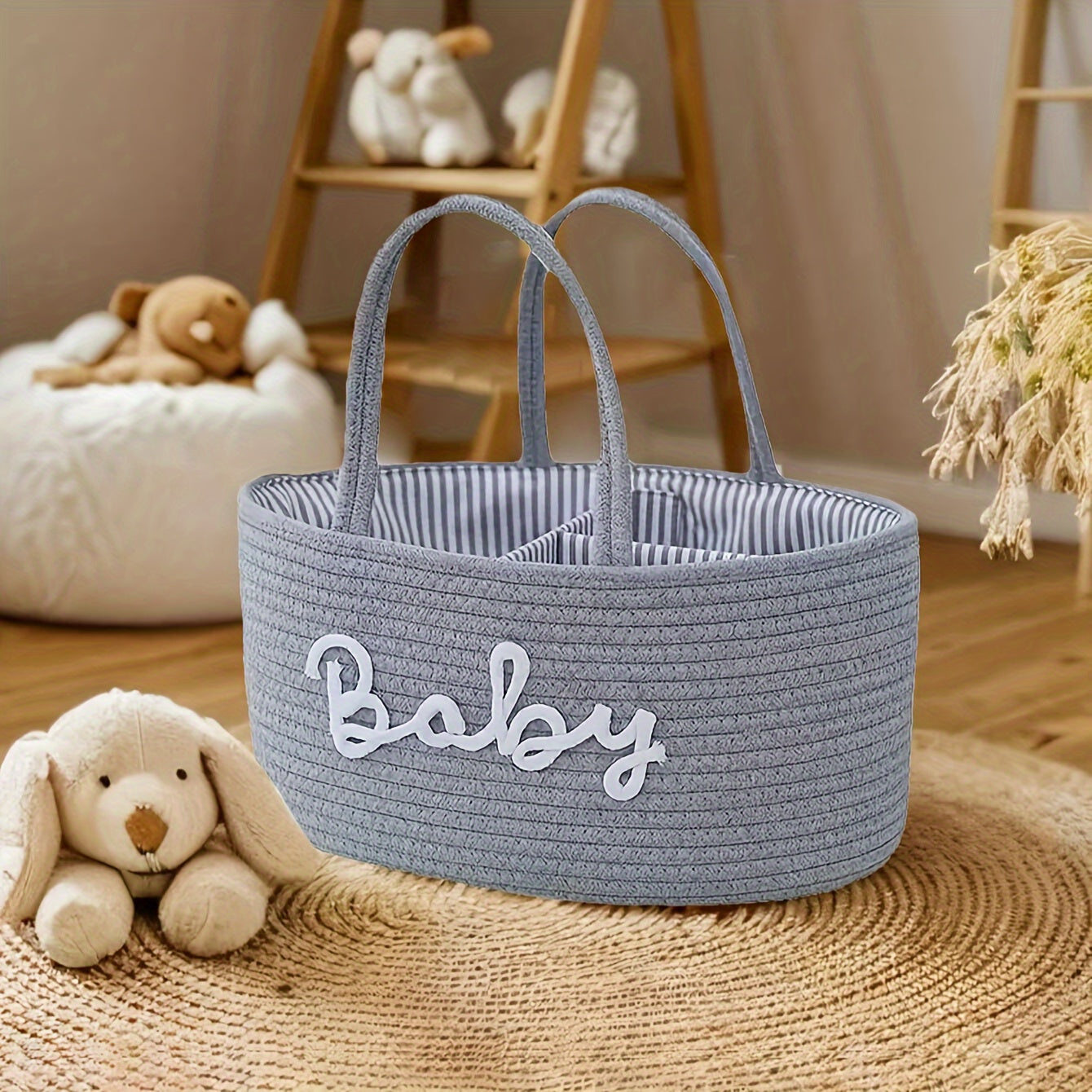 Storage basket made of cotton rope with lettered design, featuring a detachable inner basket for separating dry and wet items. Can be used as a hand-held storage solution.