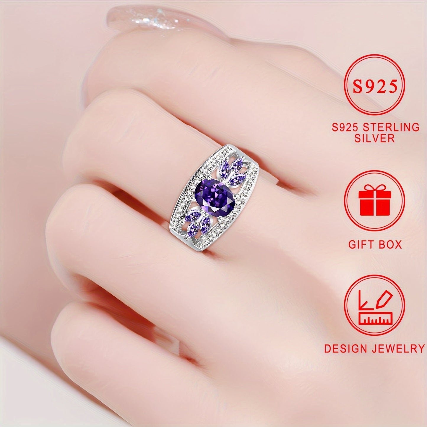 Luxurious S925 Sterling Silver Ring with Sparkling Purple Cubic Zirconia, Hypoallergenic and Nickel-Free, Ideal for Everyday Wear and Gift-Giving. Comes with a Gift Box, perfect for a touch of luxury and blingbling style, suitable for any occasion.