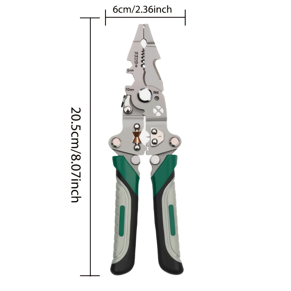 Portable electrician's tool for electrical repair, installation, and automotive maintenance, made of metal material, with multi-functional folding wire stripper.