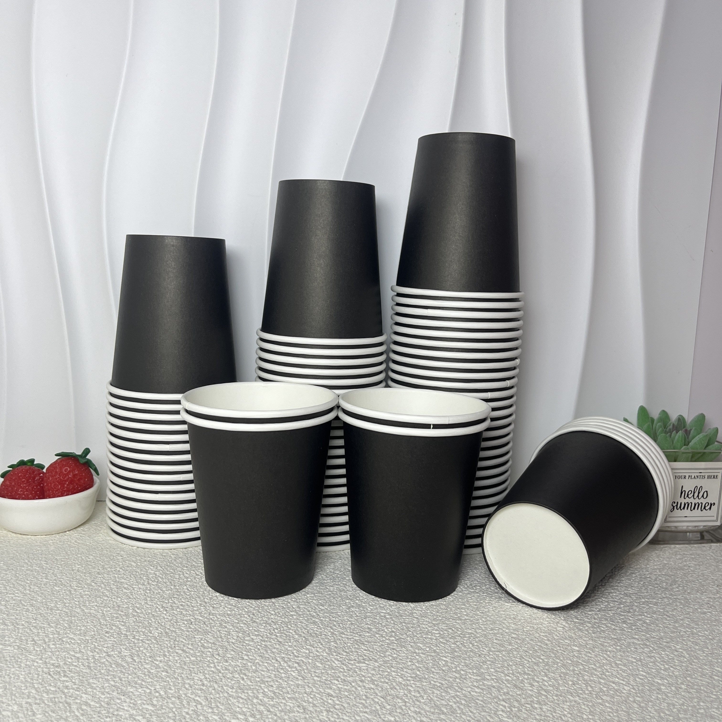 8-Ounce Black Paper Cups: Ideal for Birthday Parties, Weddings, Picnics, BBQs, Restaurants, and More. Must be Hand Washed. Recyclable and Suitable for Hot Beverages. For Adult Use Only.