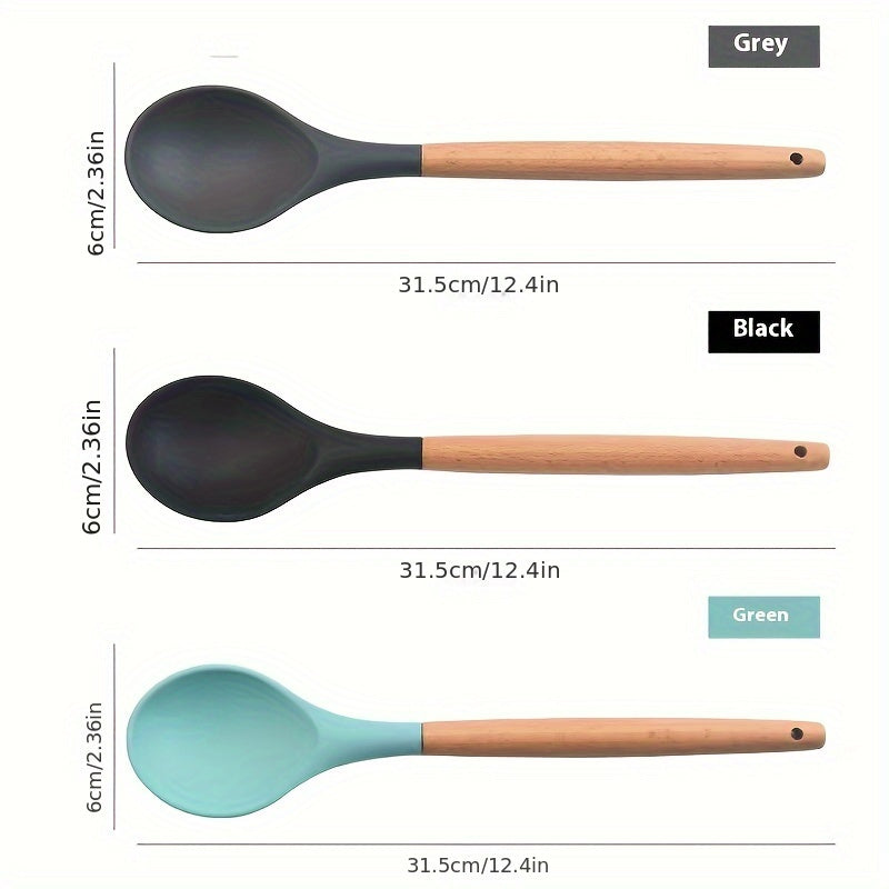 Wooden Handled Silicone Spoon - Multipurpose Kitchen Tool for Mixing, Serving, and Stirring - Long-lasting and Simple to Wash