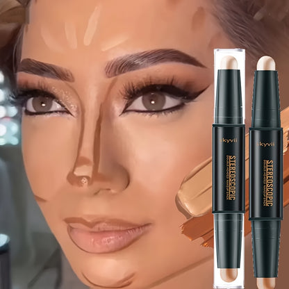 Dual-headed contouring stick for highlighting and shading to create a three-dimensional V-shaped nose shadow and high nose effect.