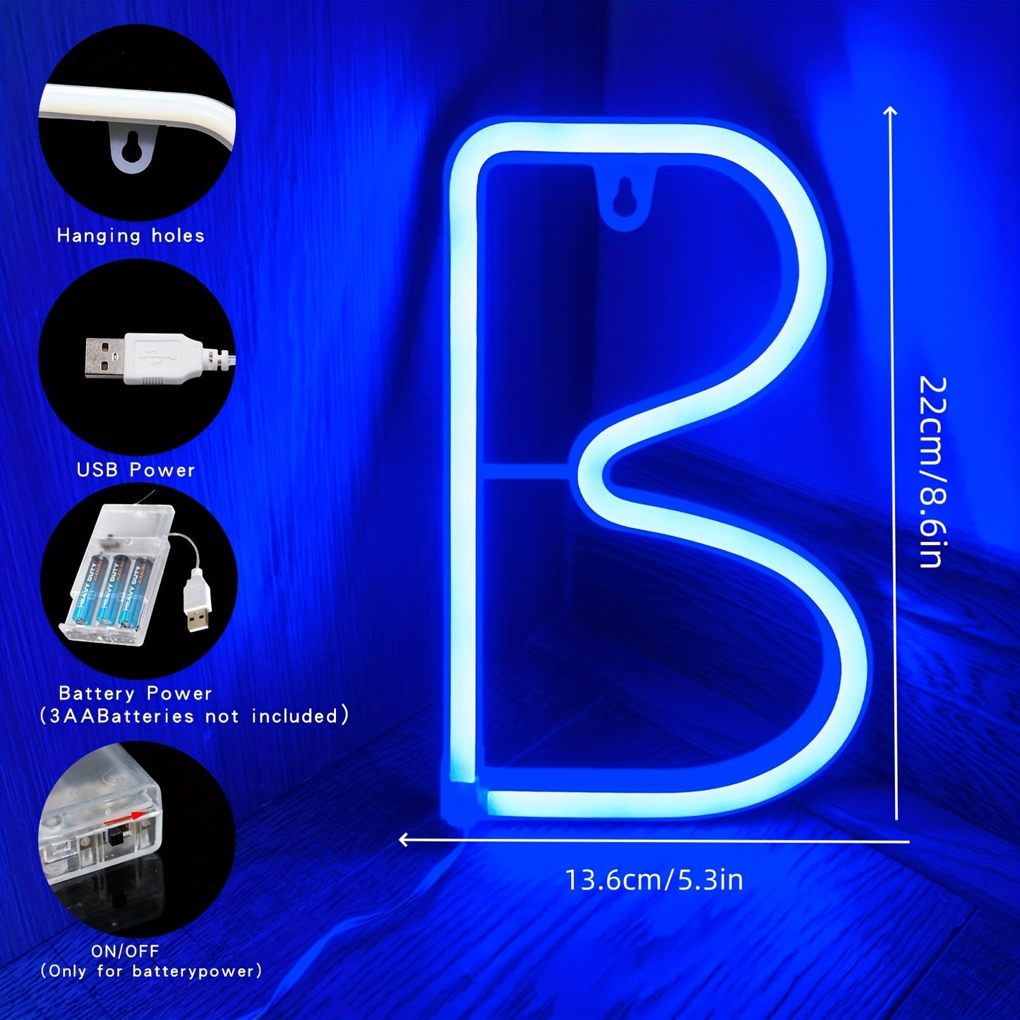 Neon LED letter light sign, powered by USB or batteries, perfect for bedroom decor or special occasions.