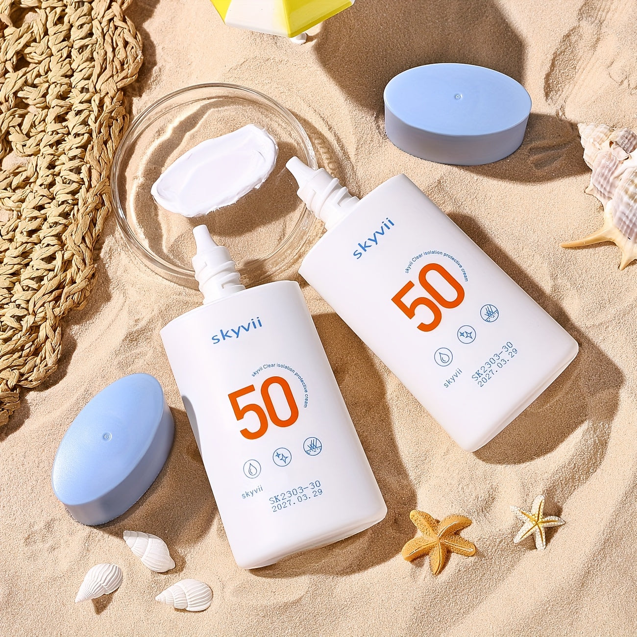 SPF50+ Sunscreen Cream with hydrating isolation for daily protection. Non-greasy matte finish, primer base with light cream texture.