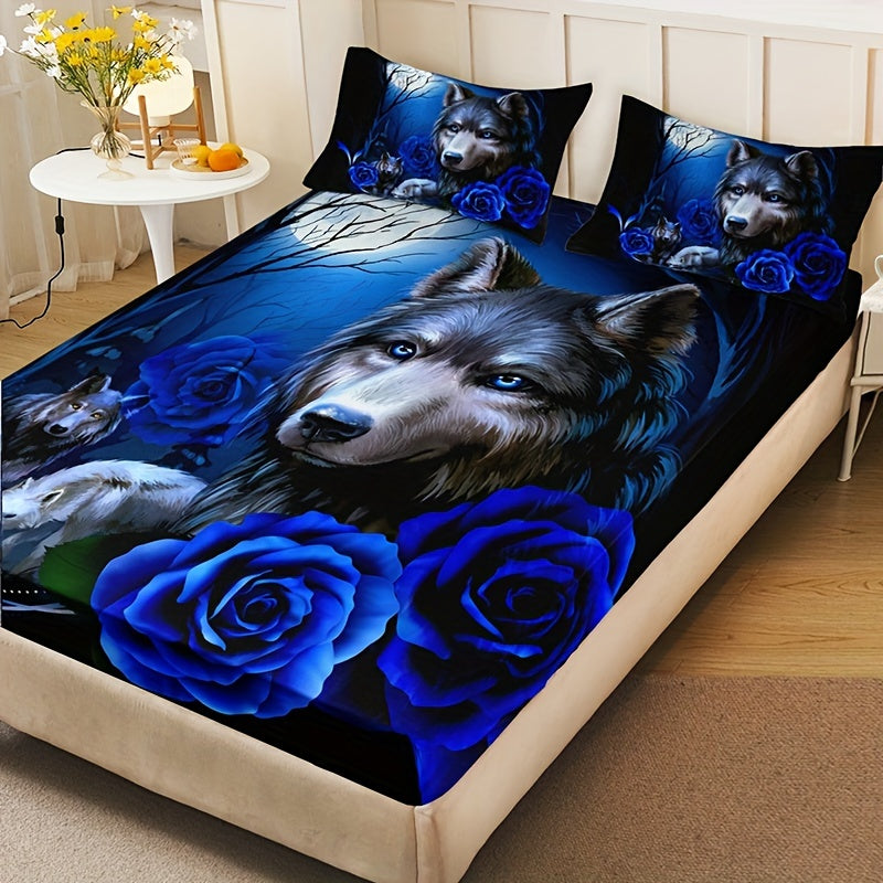 Set of 3 Mystical Wolf & Blue Rose Bedding - Includes Soft, Breathable Polyester Fitted Sheet and Pillowcases, High-Definition Digital Print, All-Season Comfort for Bedroom or Guest Room