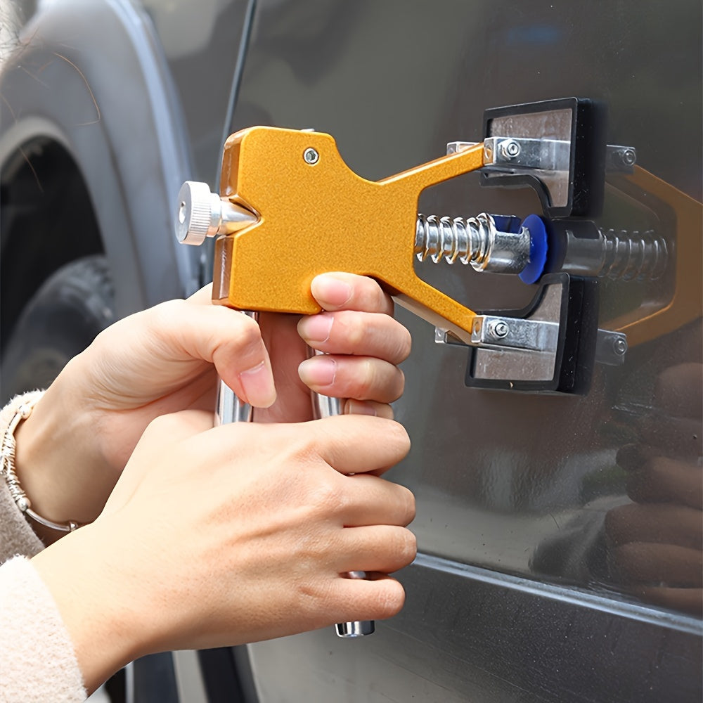 Dent puller kit for paintless dent repair, includes adjustable golden dent remover tools for large and small dings.